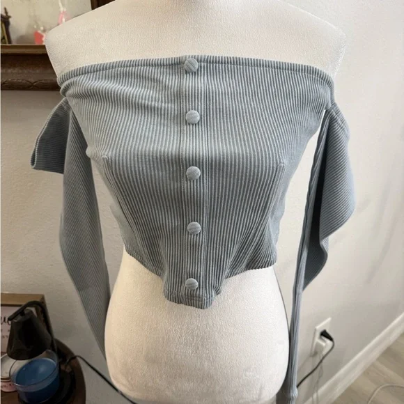 By Egreis - Off-Shoulder Ribbed Button-Up Top - Blue - Picture 1 of 6